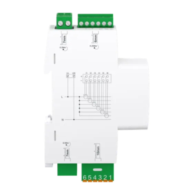 Schema collegamenti misuratore energia Resi9 6 canali LN su guida DIN