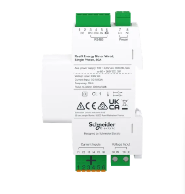 Misuratore energia Resi9 Schneider Electric vista posteriore con morsetti RS485 e alimentazione