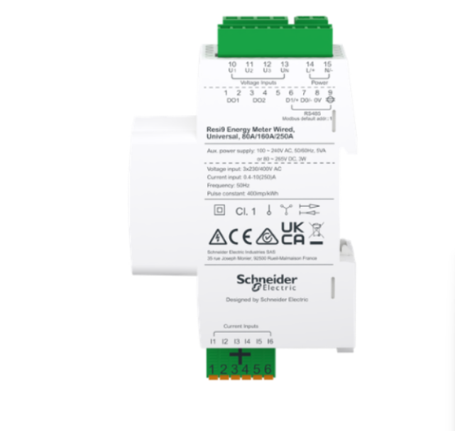 contatore energia trifase resi9 modbus rtu rs485 su guida din schneider electric vista superiore morsetti