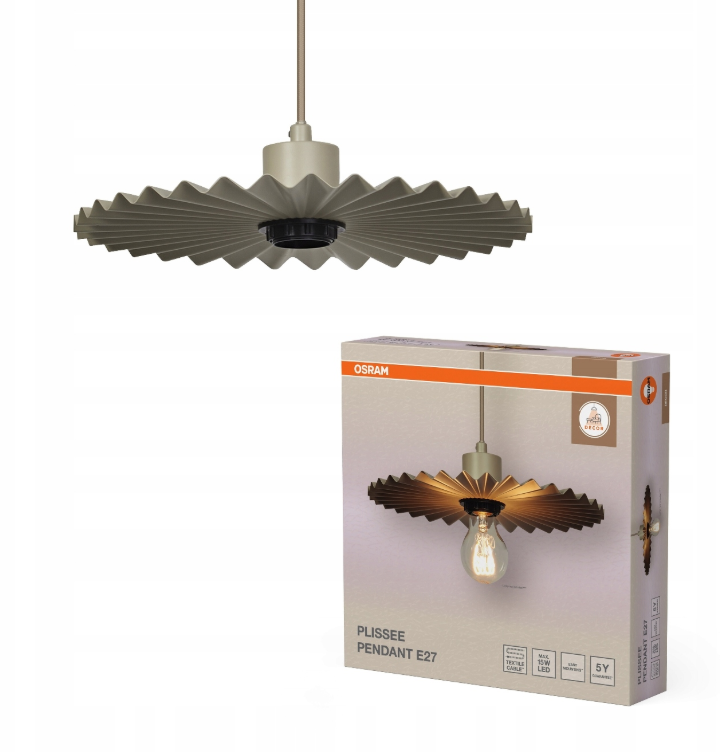 lampada a sospensione e27 beige con paralume plissettato in metallo e confezione