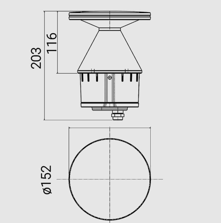 disegno tecnico apparecchio led palo diametro 152 altezza 116 mm
