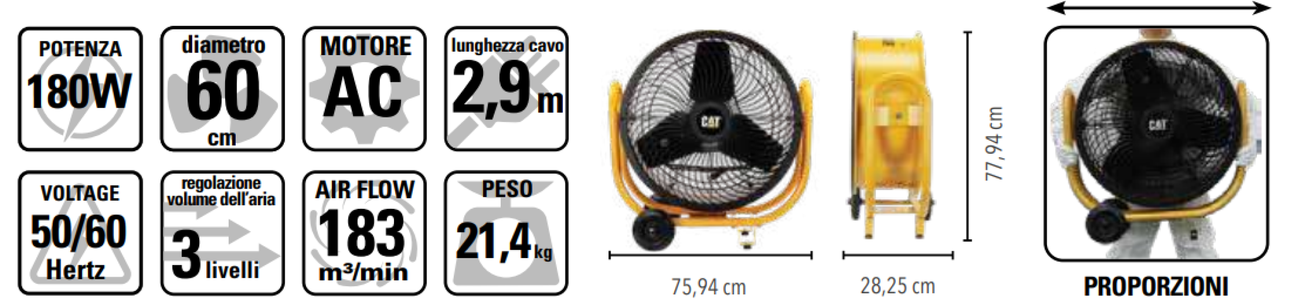 specifiche circolatore aria a turbina 60 cm 180w portata 183 m3 min cavo 2 9 m