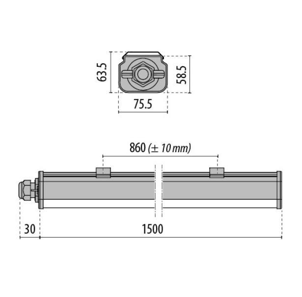 disegno tecnico plafoniera stagna led 1500 mm dimensioni 1530x76x64 mm