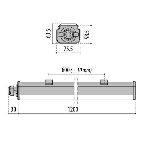 disegno tecnico plafoniera stagna led 1200 mm quote ingombro
