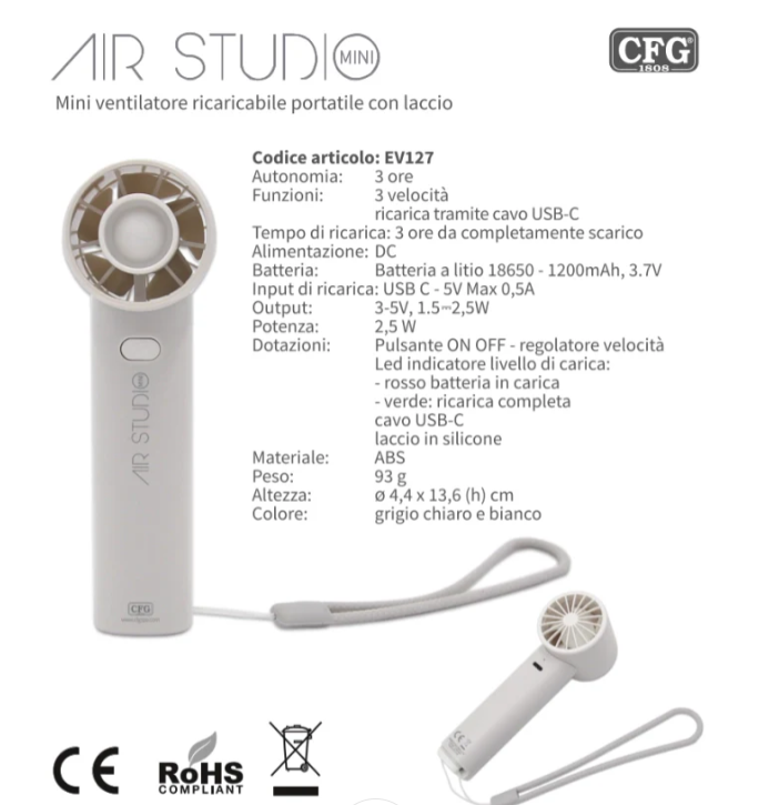 scheda tecnica mini ventilatore ricaricabile cfg air studio mini usb c