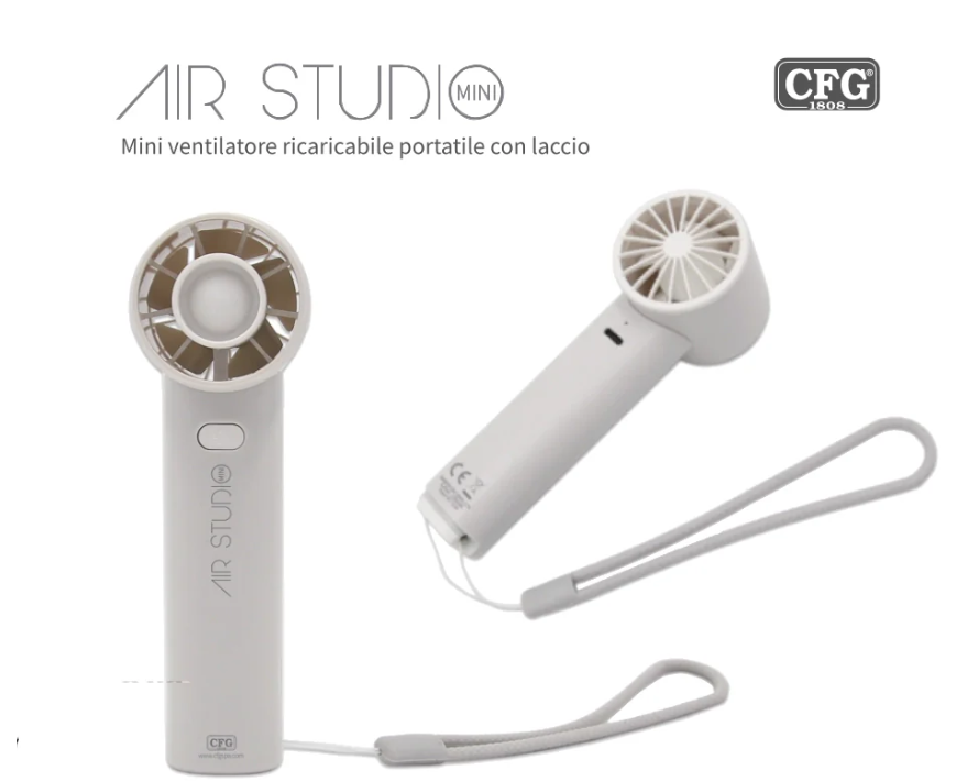mini ventilatore ricaricabile portatile cfg air studio mini vista frontale e posteriore