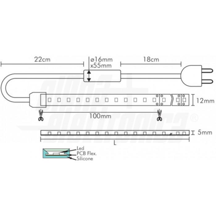 schema dimensionale striscia led 230v larghezza 12mm spessore 5mm taglio 100mm