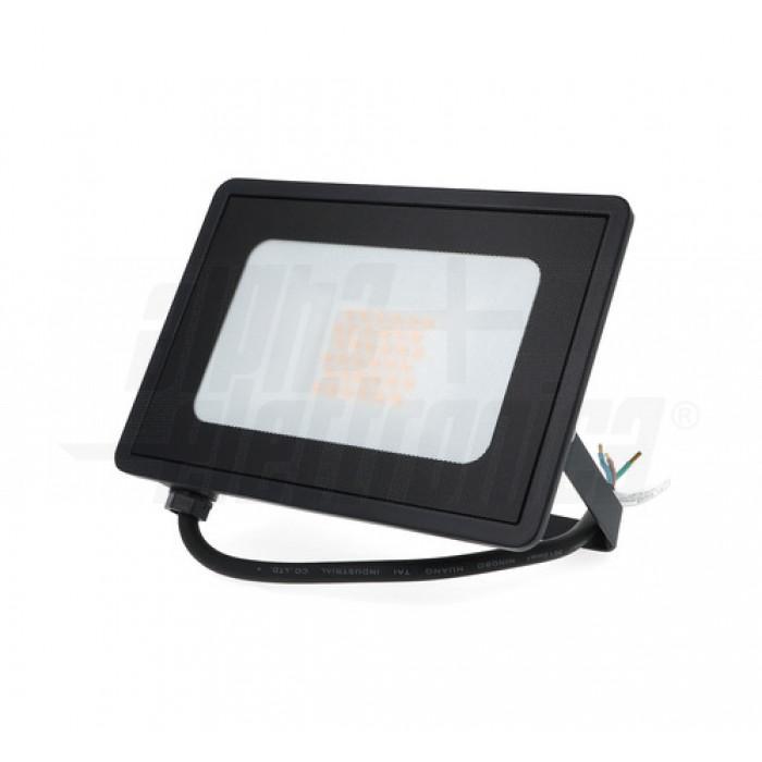 proiettore led nero 30w 3000k ip65 vista laterale con cavo