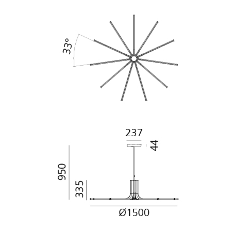 schema tecnico lampada a sospensione artemide veil diametro 1500 mm altezza 950 mm