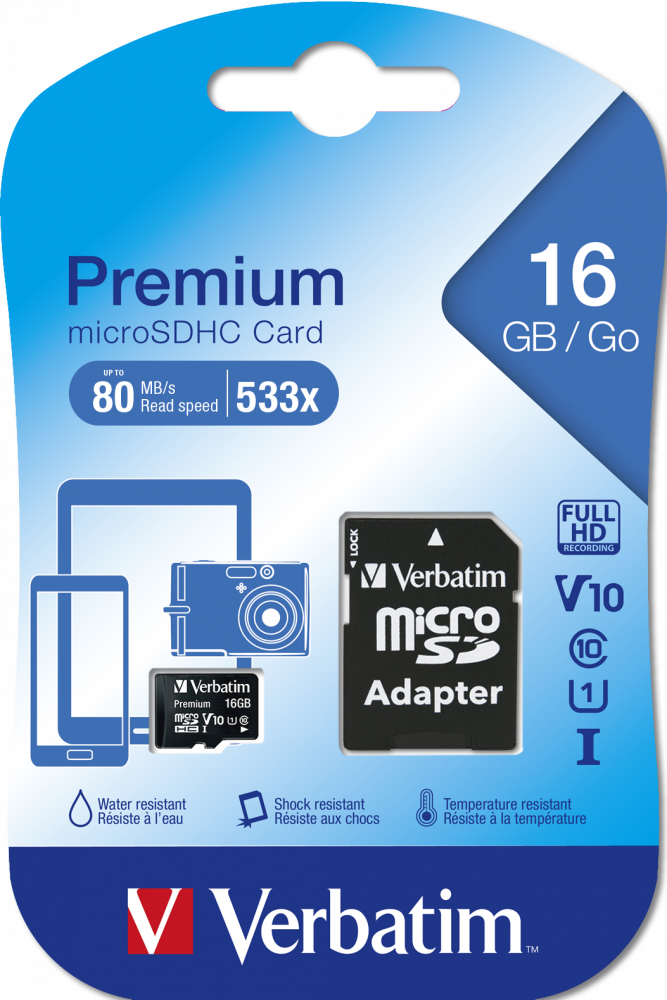 confezione scheda di memoria verbatim microsdhc 16gb premium con adattatore sd class 10 v10