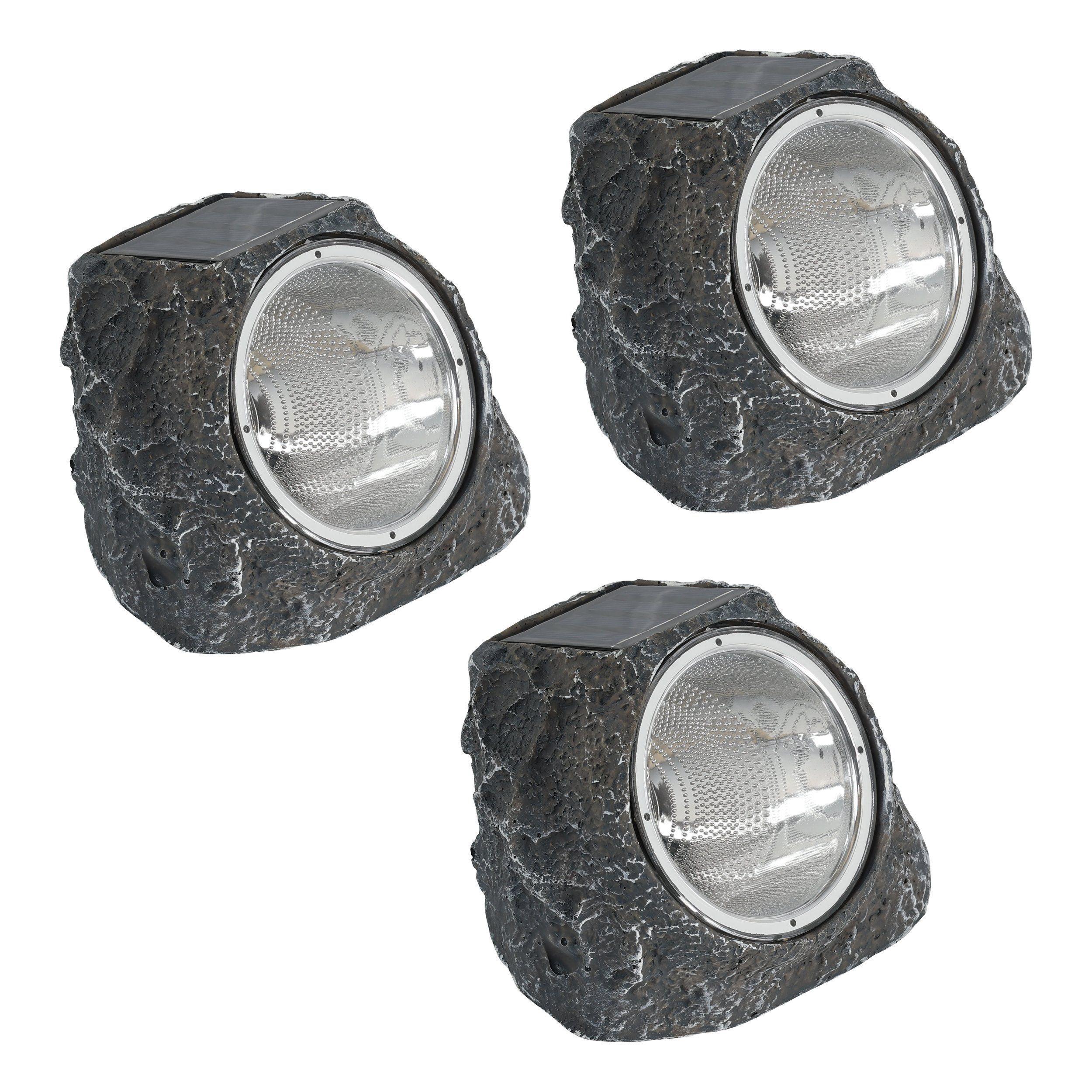 set tre luci solari a roccia grigia con led e pannello solare