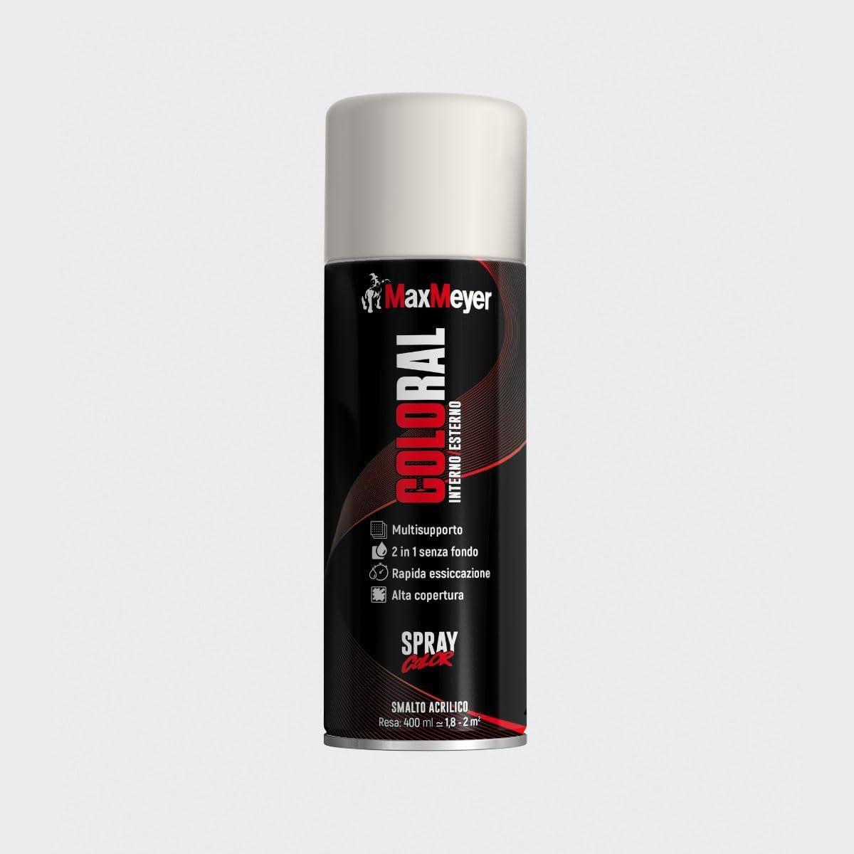 Etichetta smalto acrilico spray RAL 9010 bianco opaco 400 ml MaxMeyer con avvertenze