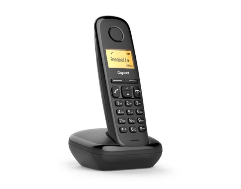 telefono cordless nero con base di ricarica e tastiera ergonomica