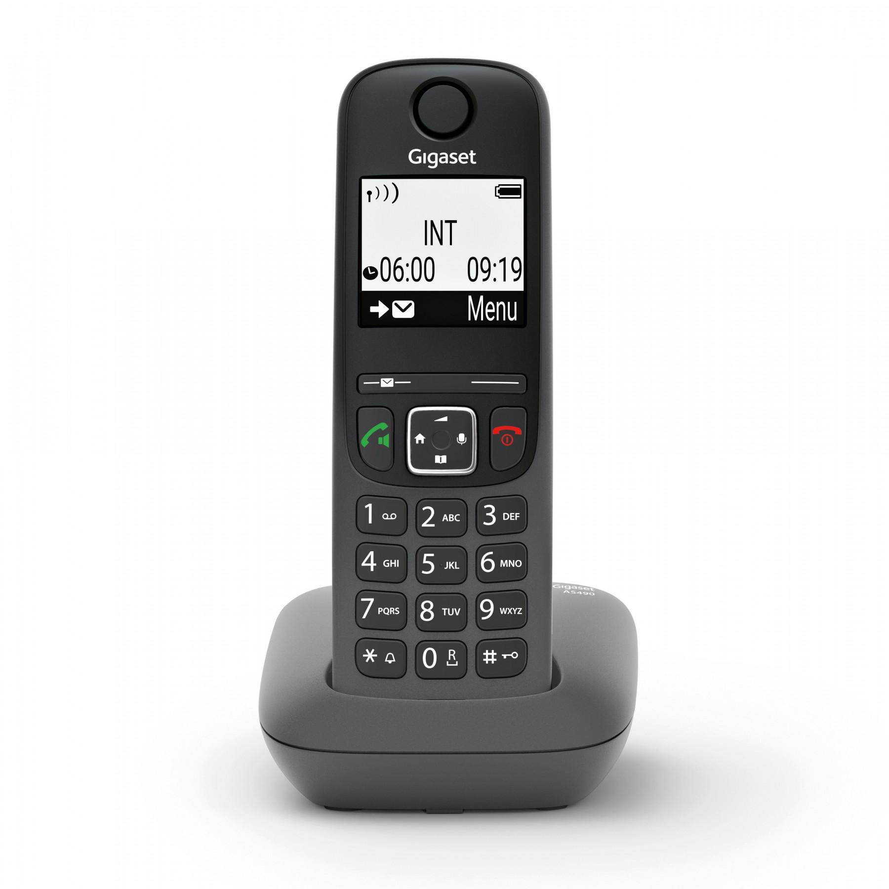 telefono cordless gigaset nero vista frontale con tastiera e display