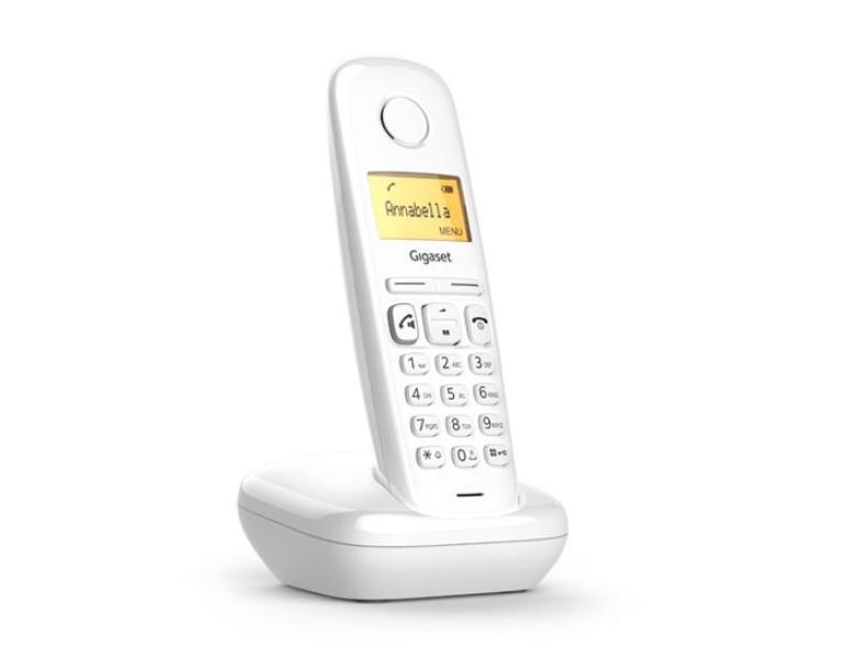 telefono cordless bianco con base di ricarica e display