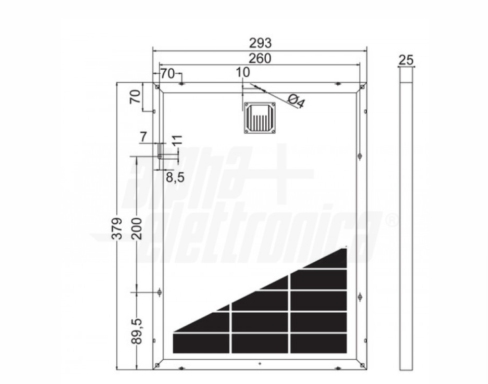 disegno tecnico pannello solare monocristallino 15w 379x293x25 mm disegno tecnico pannello solare monocristallino 15w 379x293x25 mm