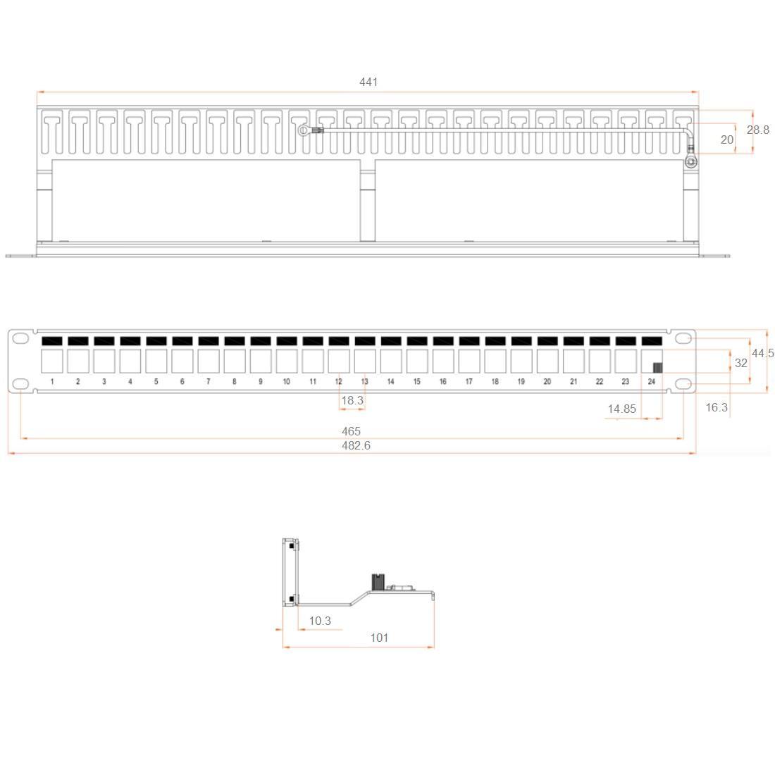 disegno tecnico patch panel rack 19 pollici 1u 24 porte keystone rj45