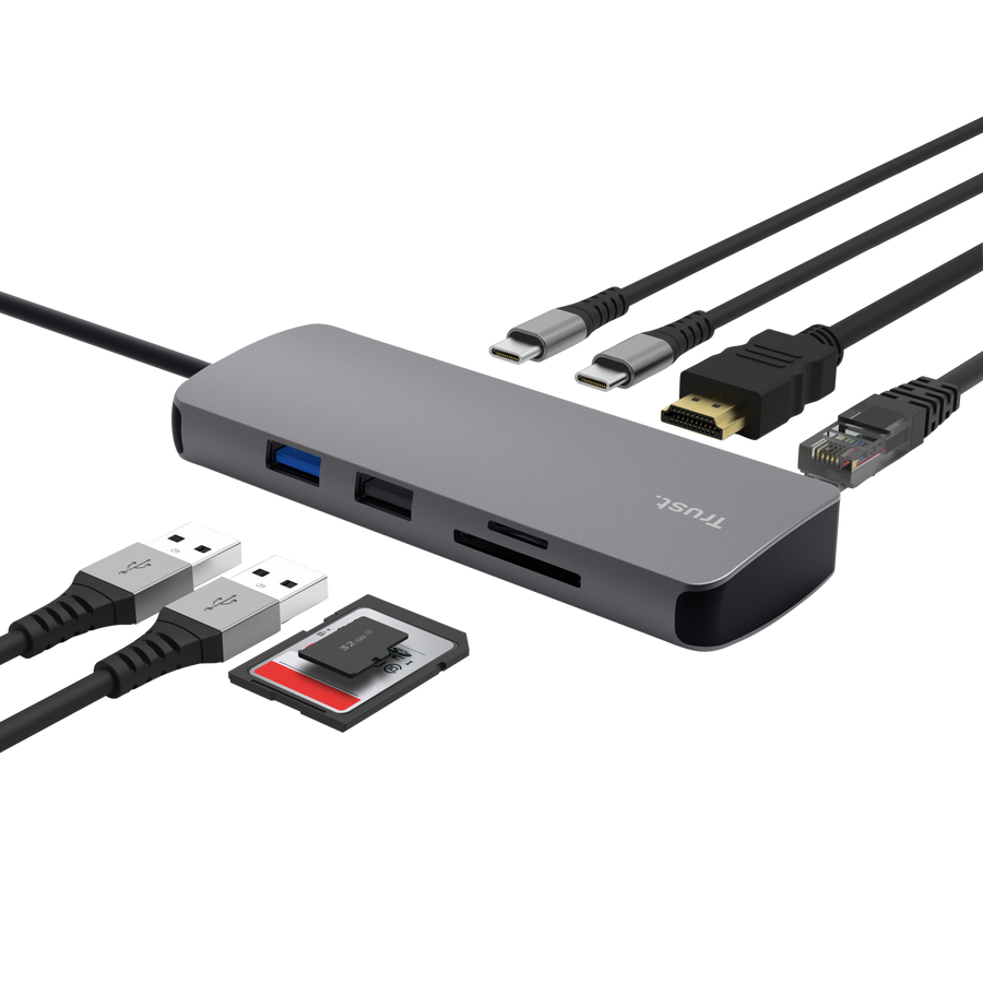 adattatore multiporta usb c trust dalyx con cavo usb c integrato grigio