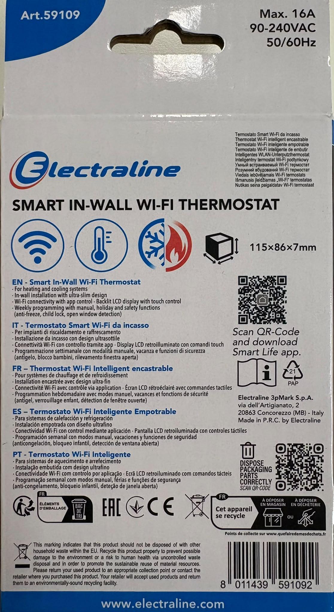 termostato smart wifi da incasso electraline vista confezione vista frontale confezione termostato smart in wall wifi thermostat electraline con display touch