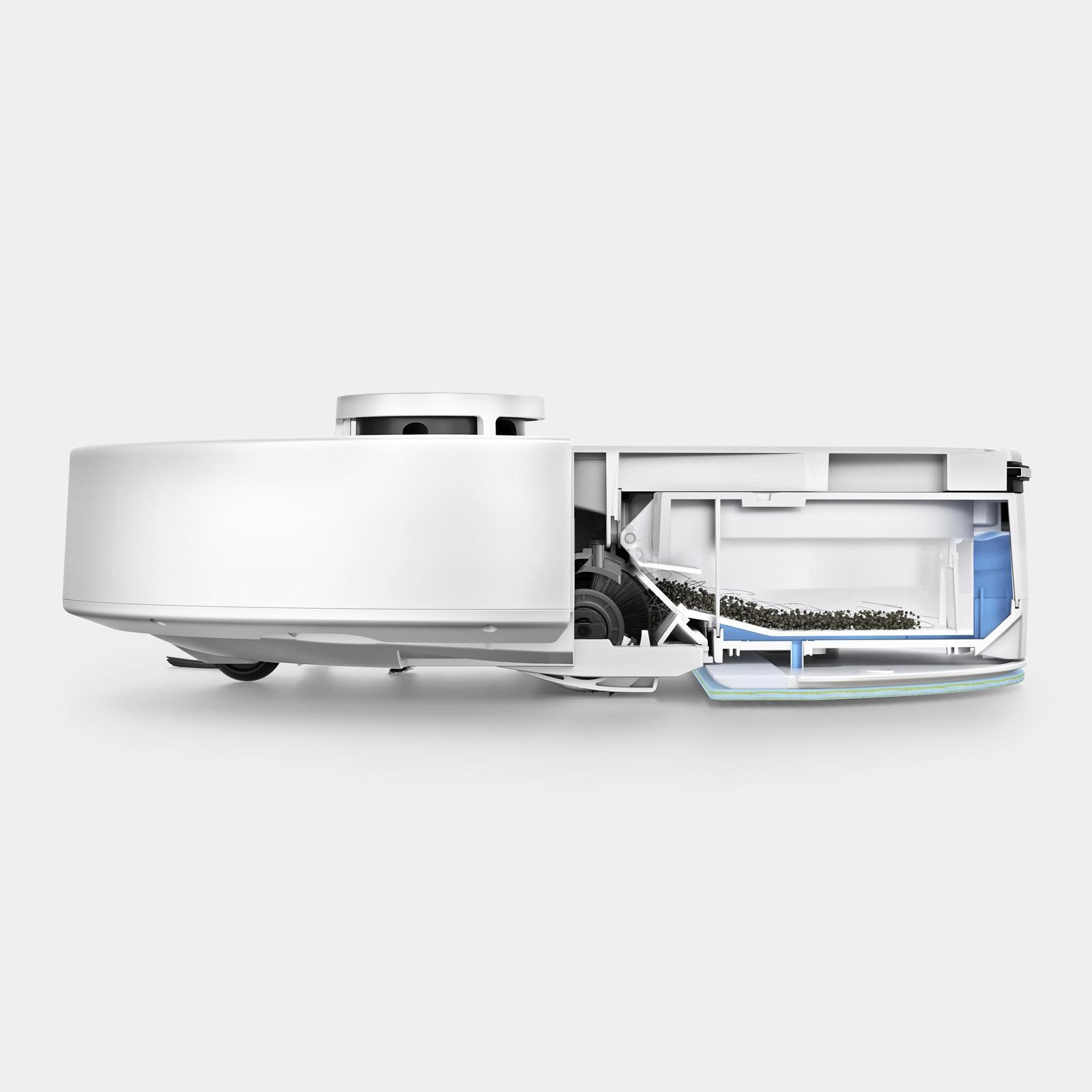 Vista laterale robot aspirapolvere lavapavimenti con serbatoio acqua e panno