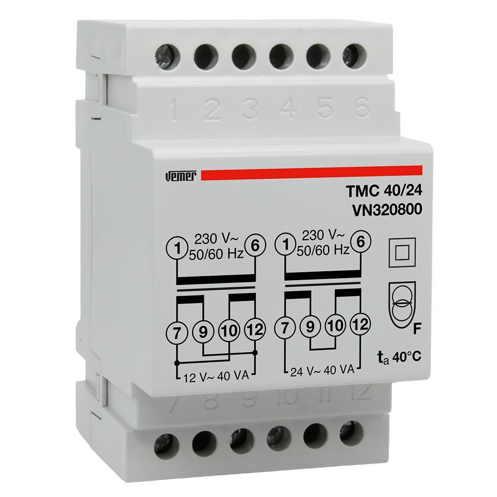 Trasformatore di sicurezza Vemer TMC 40 24 DIN 3 moduli 40VA trasformatore di sicurezza vemer tmc 40 24 per barra din 3 moduli 40va