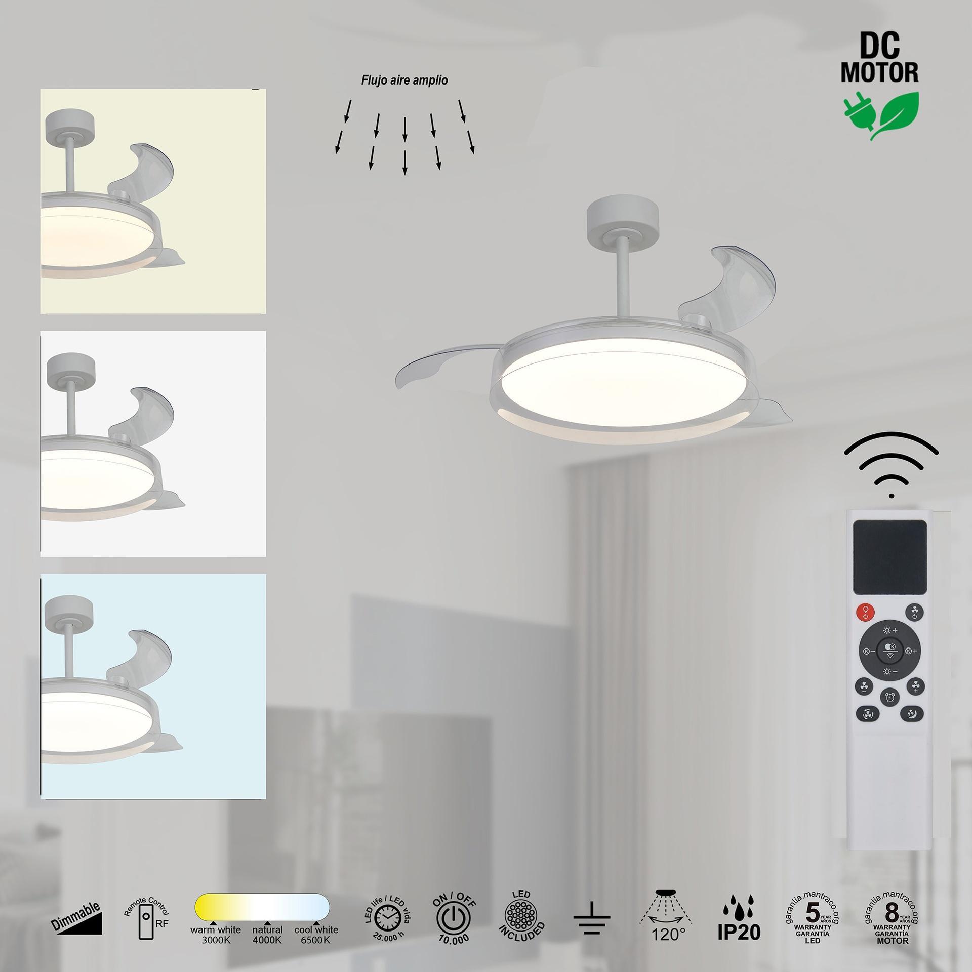 ventilatore a soffitto led bianco con pale trasparenti e telecomando rf