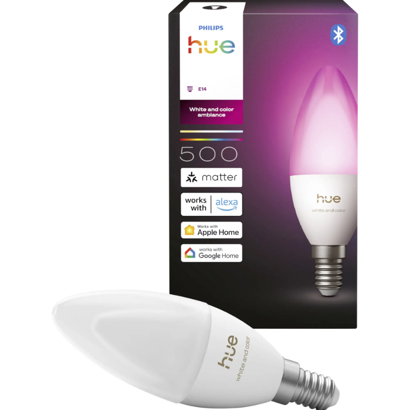 confezione e lampadina smart led philips hue e14 500 lumen white color ambiance