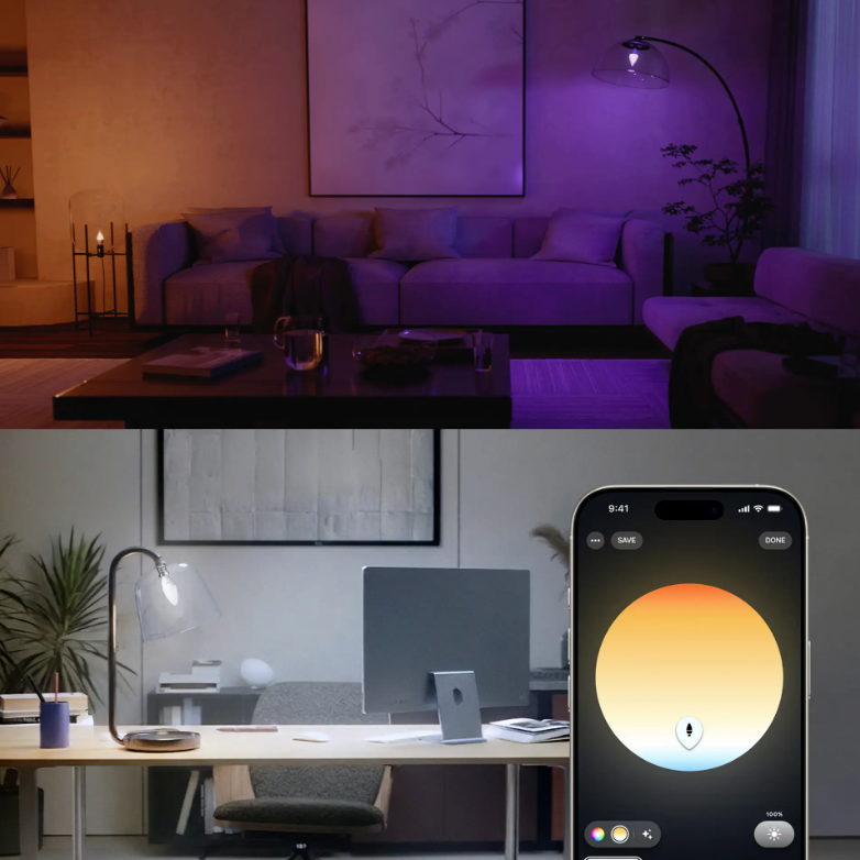 lampadina smart philips hue e14 in soggiorno con luce colorata ambiente
