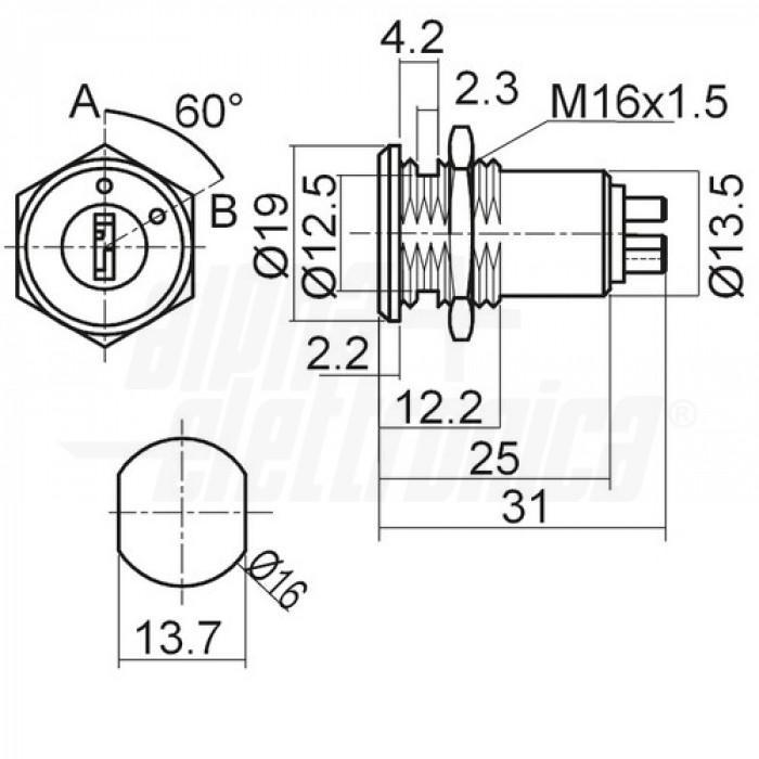 disegno tecnico deviatore a chiave foro 16 mm filettatura m16x15