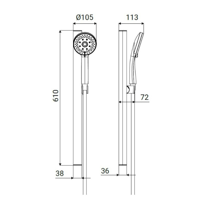 schema dimensionale saliscendi doccia tao con doccetta 5 getti disegno tecnico saliscendi doccia con doccetta 5 getti misure 610 mm 105 mm 113 mm
