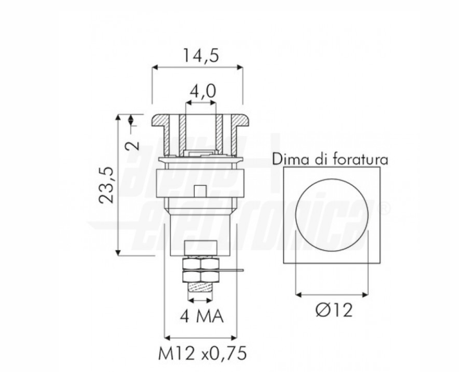 disegno tecnico boccola pannello 4 mm foro 12 mm disegno tecnico boccola da pannello 4 mm con dima di foratura 12 mm