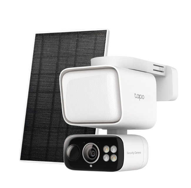 confezione kit videocamera solare 2k tapo tc50 con pannello solare e faretto
