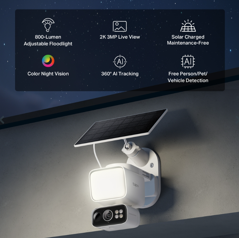 telecamera esterno con faretto integrato e pannello solare per installazione senza cavi