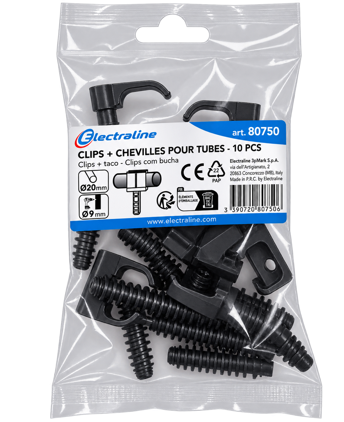 Clip fermatubo a scatto con tasselli per tubi 20 mm Electraline 80750 Confezione clip fermatubo a scatto con tasselli per tubi 20 mm Electraline 80750