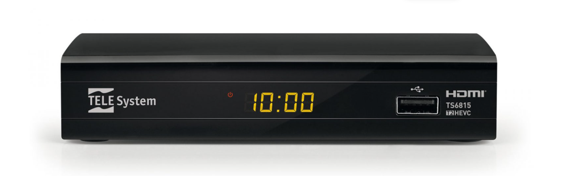 Decoder DVB T2 HEVC Telesystem TS6815 frontale con display USB decoder digitale terrestre dvb t2 hevc telesystem ts6815 vista frontale con display e porta usb