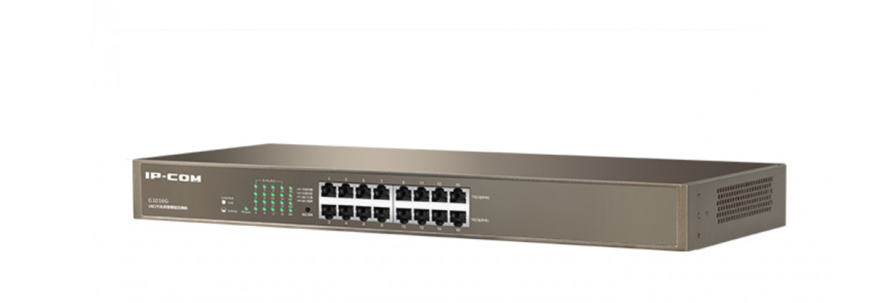 switch gigabit 16 porte ip com vista prospettica con porte rj45 switch gigabit 16 porte ip com vista angolata chassis metallico