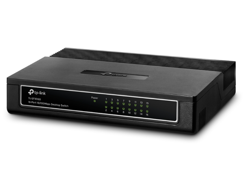 switch desktop tp link 16 porte 10 100 mbps vista frontale