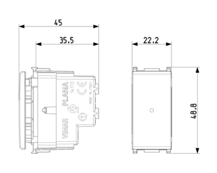Dimensioni invertitore assiale Vimar Plana 22 4x48 8 mm Disegno tecnico invertitore assiale Vimar Plana dimensioni ingombro