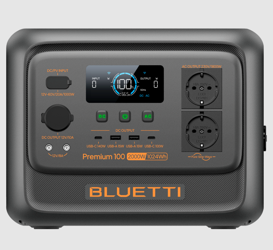 stazione elettrica portatile bluetti premium 100 v2 pannello frontale con display lcd e prese ac usb