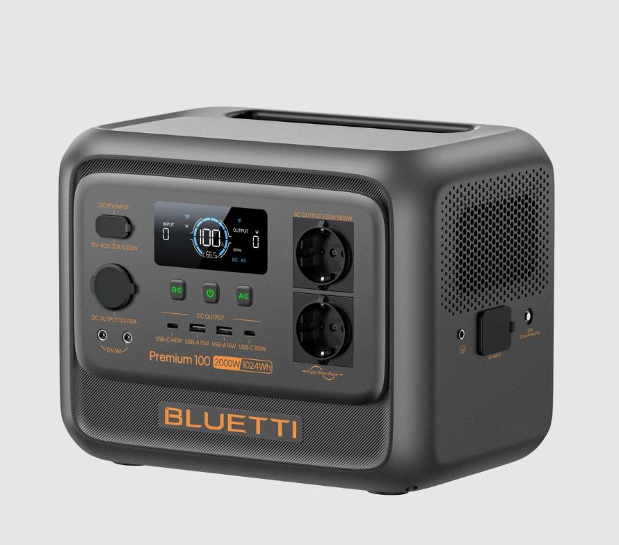 stazione elettrica portatile bluetti premium 100 v2 vista tre quarti con maniglia e prese laterali
