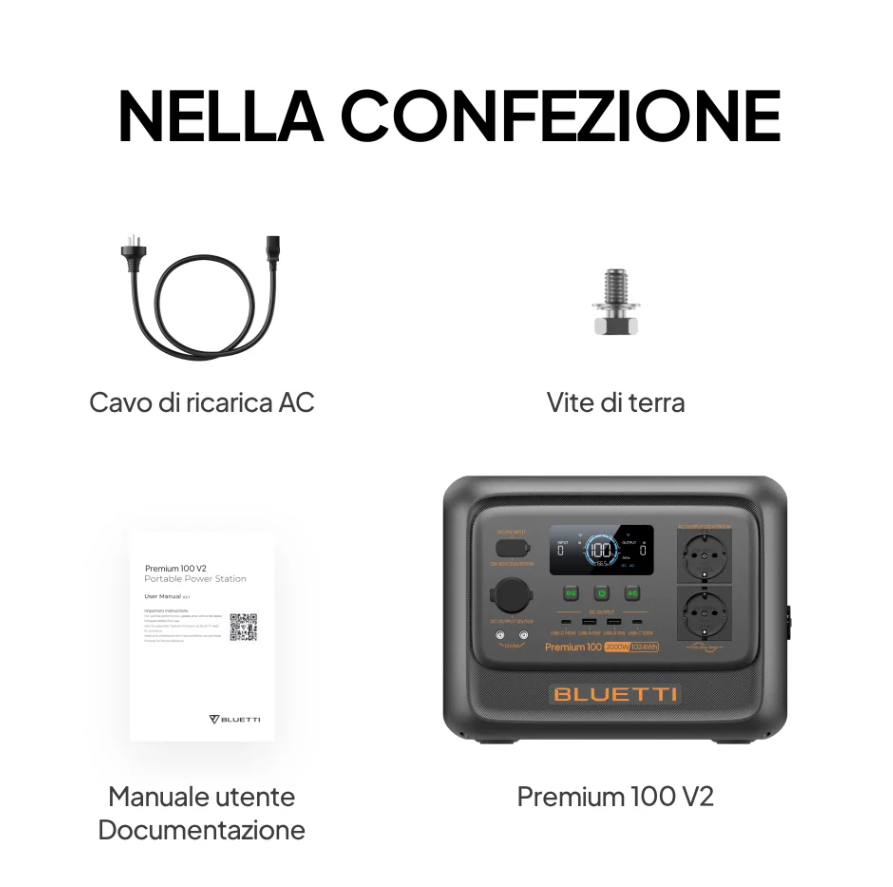 infografica stazione elettrica portatile bluetti premium 100 v2 capacitu00e0 1024wh funzione ups e ingresso solare