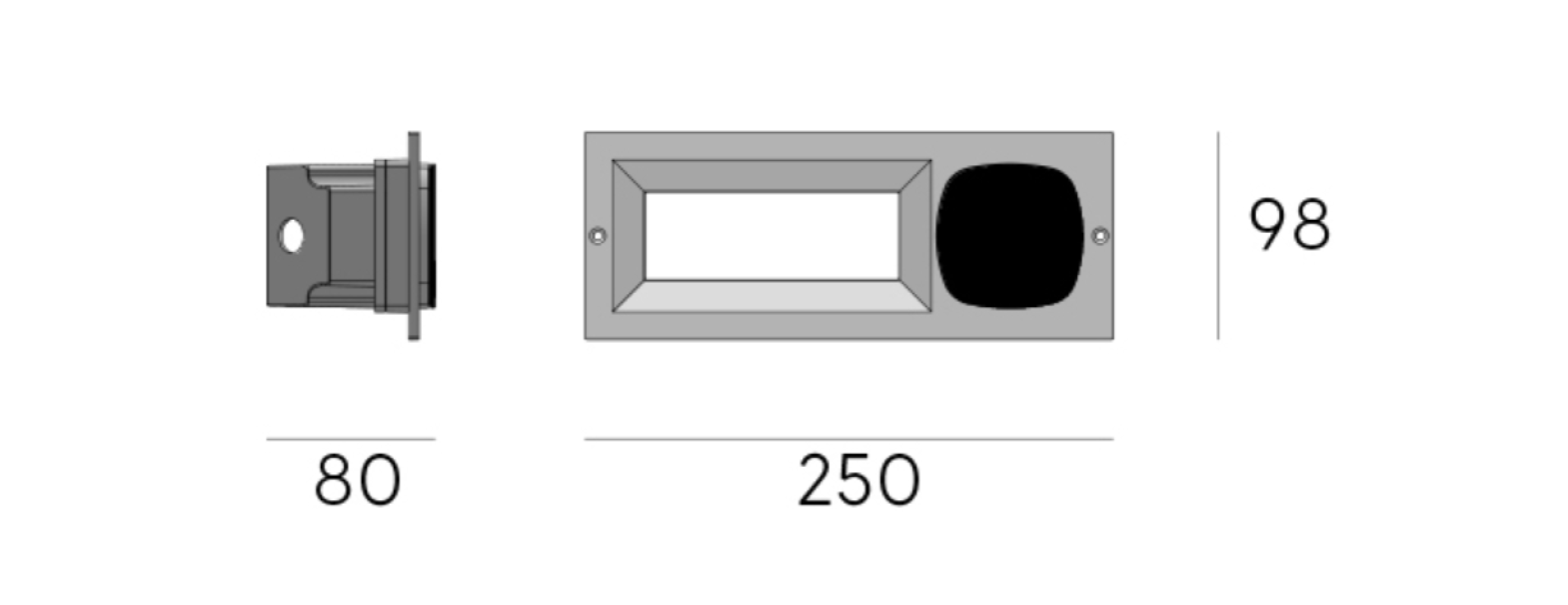 Disegno tecnico segnapasso led da incasso 250x98 profondita 80 Schema dimensionale segnapasso led incasso 250x98x80 mm