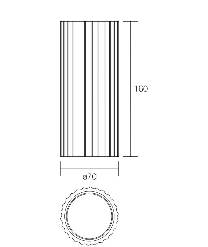 dimensioni applique cilindrica diametro 70 mm altezza 160 mm disegno tecnico applique cilindrica diametro 70 altezza 160