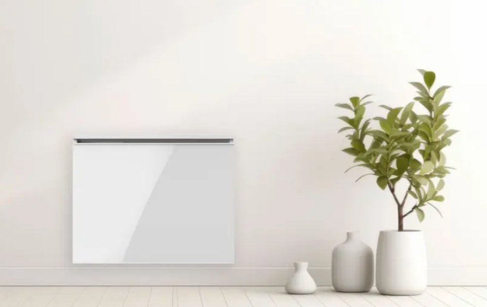 radiatore elettrico in vetro bianco installato a parete in ambiente moderno radiatore elettrico in vetro bianco installato a parete in ambiente moderno