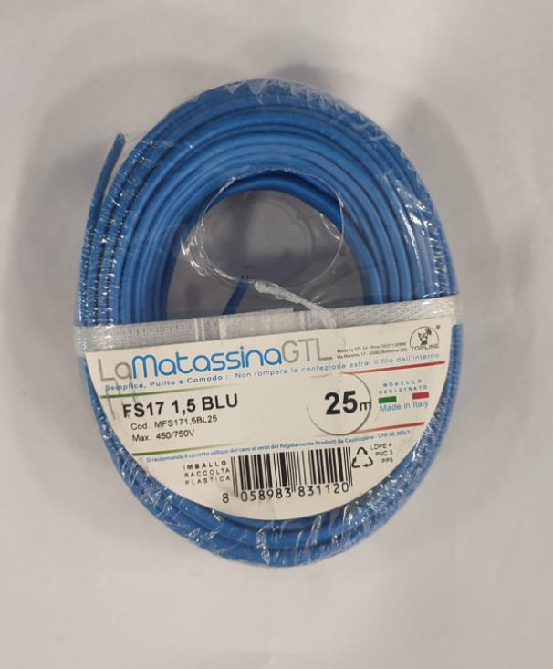 25MT DI CAVO UNIFILARE FS17 SEZIONE 1,5MMQ COLORE BLU MFS171,5BL25 01