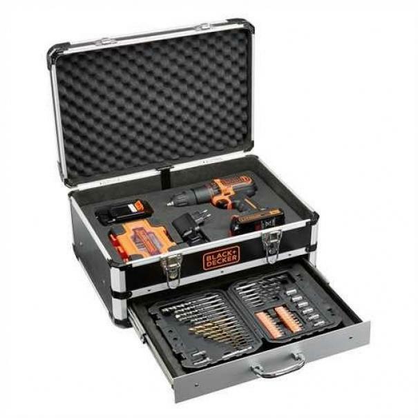 black & decker black & decker trapano avvitatore a percussione con doppia batteria 18v in valigetta premium con cassetto contente 80 accessori confezionati in due giftset estraibili bdc718as2f-qw - foto 2