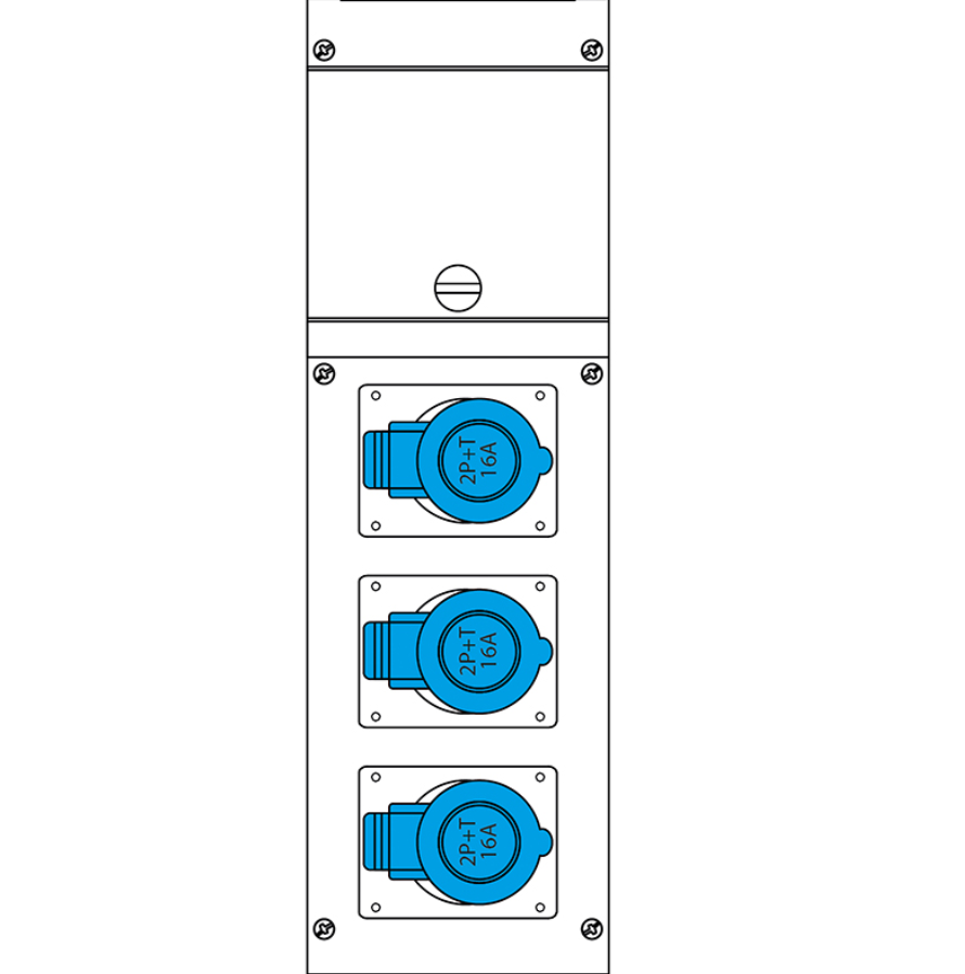 Disegno frontale quadro portatile con tre prese IEC 309 2P T 16A in colonna